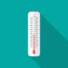 Thermometer icon with long shadow. Flat design style. Thermometer simple silhouette. Modern, minimalist icon in stylish colors. Web site page and mobile app design vector element.