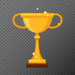 Champion golden cup isolated on background. Vector goblet icon done in simple flat design. Shiny award used used as quality sign or for a logo, website, certificate or diploma creations.