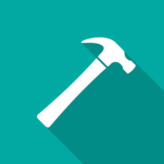 Hammer icon with long shadow. Flat design style. Hammer simple silhouette. Modern, minimalist icon in stylish colors. Web site page and mobile app design vector element.