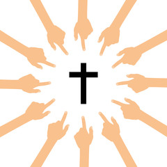 Viele Hände zeigen auf - Kreuz - Kirche