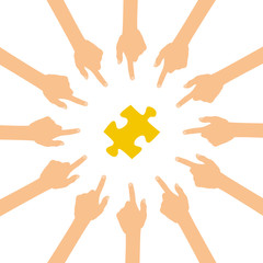 Viele Hände zeigen auf - einzelnes Puzzleteil