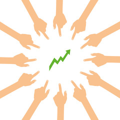 Viele Hände zeigen auf - Aktie - Aufstieg