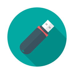USB flash drive circle icon with long shadow. Flat design style. USB flash drive simple silhouette. Modern, minimalist, round icon in stylish colors. Web site page and mobile app design vector element