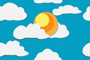 Paper art cutting imitation in vector. Seamless pattern with blue sky, clouds, sun. Pretty background in childish style. Summer vacation and holidays, travel concept. Happy mood