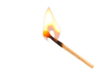 Burning safety-match with red, orange, yellow fire. Isolated on white background