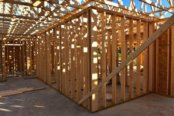 Wood framework of new home under construction.