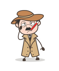 Cartoon Ill Detective with Fever Temperature in Mouth Vector Illustration