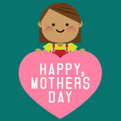 Happy smiling girl with pink heart. Happy mothers day card. Vector illustration