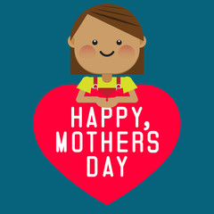Happy smiling girl with pink heart. Happy mothers day card. Vector illustration