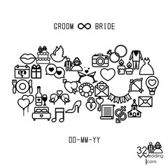 Love icons objects in infinity shape. Infinity love, forever symbol. Vector illustration