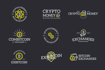 Obraz premium Set of digital money and bitcoin, cryptocurrency logo, labels and badges vector design elements on dark background. Retro typography decoration objects and symbols, vintage ornaments.