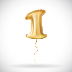 one. first. maiden. top. premier. Golden number 1 four made of inflatable balloon with golden ribbon isolated on white background vector