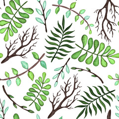 Green and Blue Leaves and Trees Branches Seamless Pattern, Vector Illustration