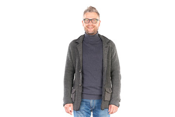 Fototapeta premium Studio portrait of middle aged man wearing casual clothing and eyeglasses