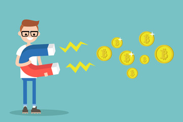 Young character mining bitcoins with a huge magnet / flat editable vector illustration, clip art
