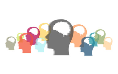 Viele bunte Köpfe mit Gehirn