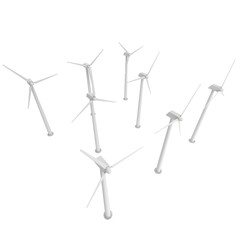 Wind turbine farm with propellers. Windmill generators 3D render isolated on white