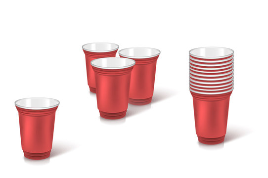 set of red empty disposable plastic cup for party.  Vector illustration brown color dishes
