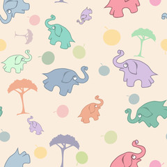Children's seamless pattern with elephants and trees, fruits.