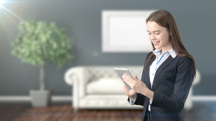 Young beautiful business woman and creative designer standing over blured interior background