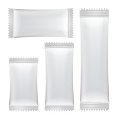 Sachet Vector Set. White Clean Blank Of Stick Sachet Packaging. Package Mock-up Plastic Pouch Snack Pack For Your Design. Disposable Packaging For Snacks, Food, Sugar. Isolated Illustration