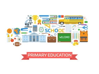 Obraz premium Primary education concept illustration for banner or hero image. Back to school icons. Studying and learning elements collection stylized in school-bus shape. , Stationery, equipment and appliances.