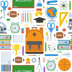 Basic education seamless background. Back to school pattern with study and learning icons and stationery elements.