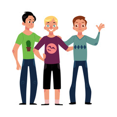 Fototapeta premium Male friendship concept of boys, men, best friends hugging each other, cartoon vector illustration isolated on white background. Boys, men, friends standing and hugging each other