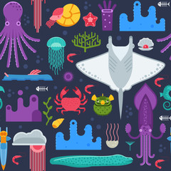 Sea life pattern with different marine animals. Underwater creatures vector seamless background with ocean aquatic inhabitants and exotic fishes in flat design. Manta ray, squid, crab, octopus, shell.