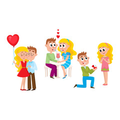 Loving couple - kissing, dating, making proposal, romantic relationships, happy together, cartoon, comic vector illustration isolated on white background. Loving couple, kissing, dating, proposal