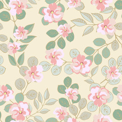 Floral seamless pattern from thin twigs with leaves and flowers. For fabric, wallpaper, gift wrap.