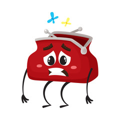 Vector empty wallet, purse character flat illustration isolated on a white background. Expressive emotional sad wallet with no money insede. Money, success wealth, poverty and richness concept