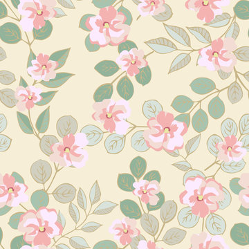 Floral seamless pattern from thin twigs with leaves and flowers. For fabric, wallpaper, gift wrap. © evamarina