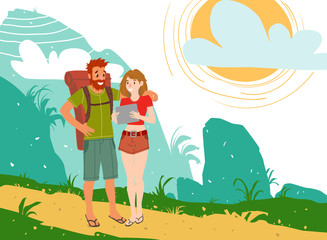 Obraz na płótnie Canvas Young woman and man, couple of backpackers, hitchhikers, travelers, pretty girl and hipster man with backpack, travelling together, cartoon illustration.