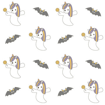cute lovely seamless vector pattern background illustration with unicorn ghost and bats