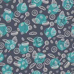 Vector abstract summer colored  seamless pattern with coffee and sweets