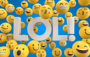 Set of emoji emoticon character faces with the word LOL, 3D Rendering