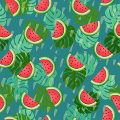 Abstract summer colored seamless patterns With tropical leaves and watermelons