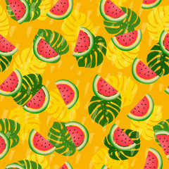 Abstract summer colored seamless patterns With tropical leaves and watermelons
