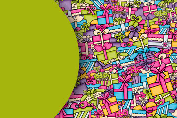 Presents and gift boxes cartoon doodle design. Cute background concept for birthday or christmas greeting card,  advertisement, banner, flyer, brochure. Hand drawn vector illustration.