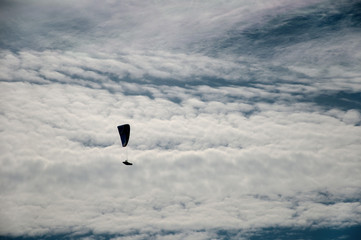 Silhouette of a flying paraglider against a background of clouds in a summer sunny day.