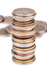 Stack of euro coins isolated on white background