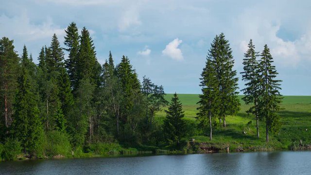 Timelapse of the summer clouds, pine trees and lake