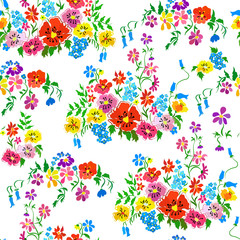 Seamless pattern with a bright floral print on a white background.