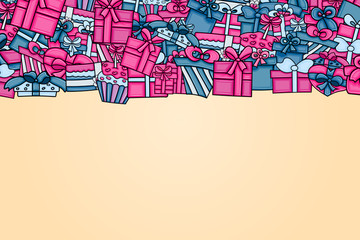 Presents and gift boxes cartoon doodle design. Cute background concept for birthday greeting card,  advertisement, banner, flyer, brochure. Hand drawn vector illustration. Pink and blue color.