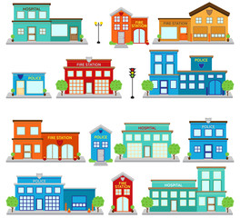 Vector Collection of Cute Fire Station Buildings, Hospitals and Clinics, and Police Stations - 167132367