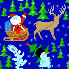 Seamless pattern with Santa Claus in a sleigh, snowman, reindeer, hare in the winter forest.
