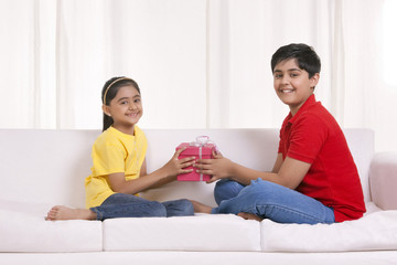 Portrait of brother and sister holding gift box