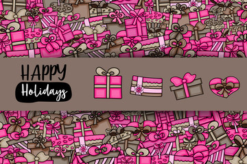 Presents and gift boxes cartoon doodle design. Cute background concept for birthday  or christmas greeting card,  advertisement, banner, flyer, brochure. Hand drawn vector illustration.
