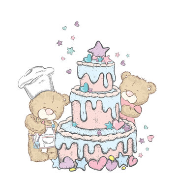 Lovely bears and a big, beautiful cake with hearts and asterisks. Teddy bear and dessert. Vector illustration for a postcard or a poster.